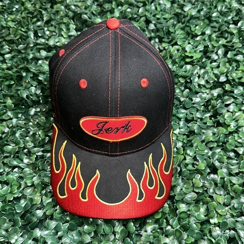 Cmartys Jerk Black Hat Red Flames Red Stitch Dad Hat Cap Adjustable Streetwear